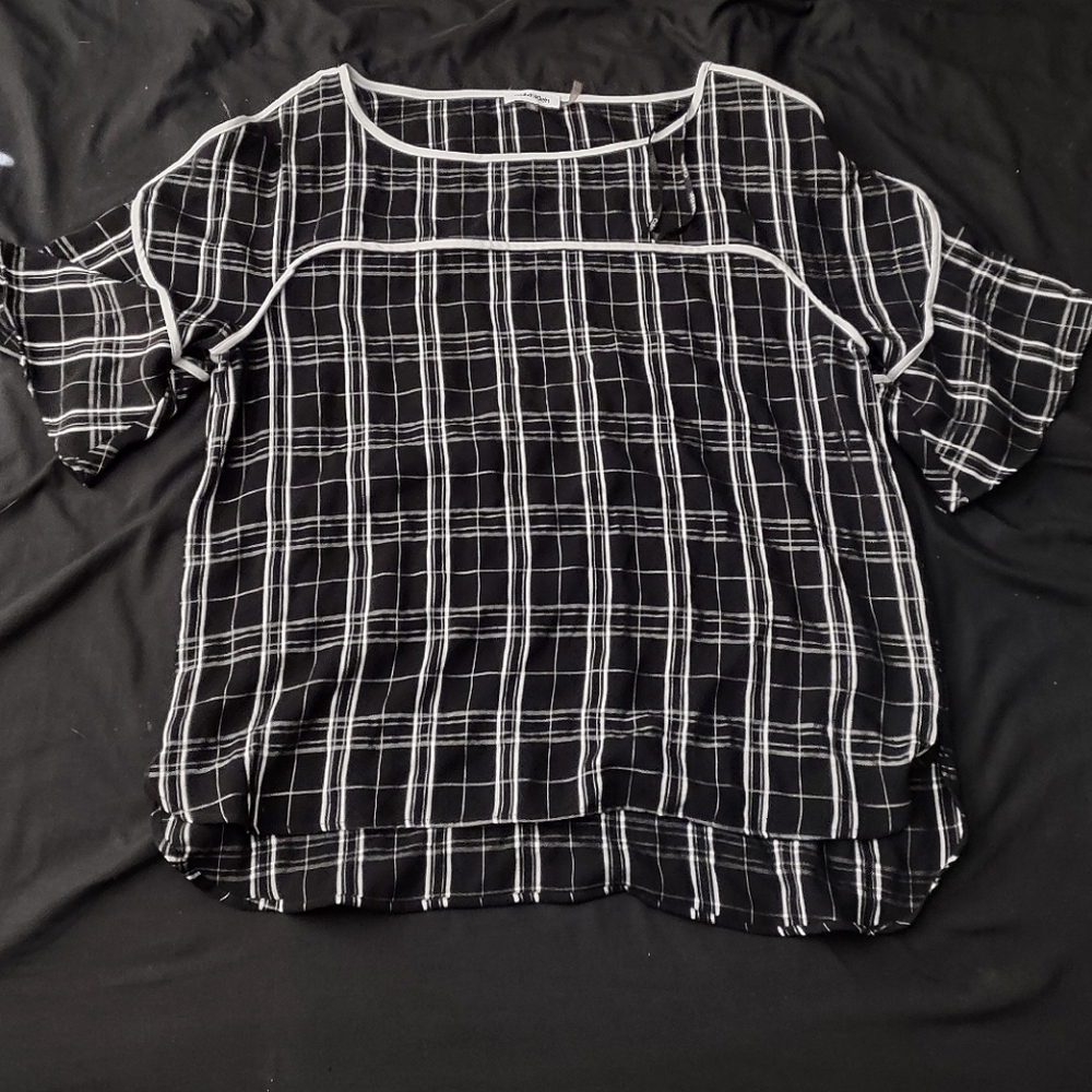 Calvin Klein Black and White Plaid Piped Pull over Blouse